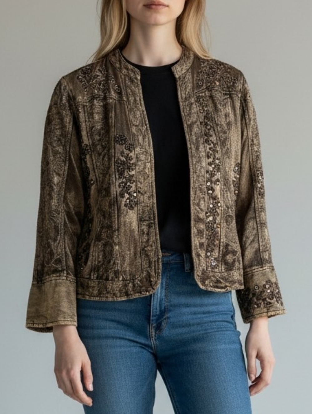 Coldwater Creek Tawny Brown Beaded Sequined Cotton Blend Jacket Large Petite